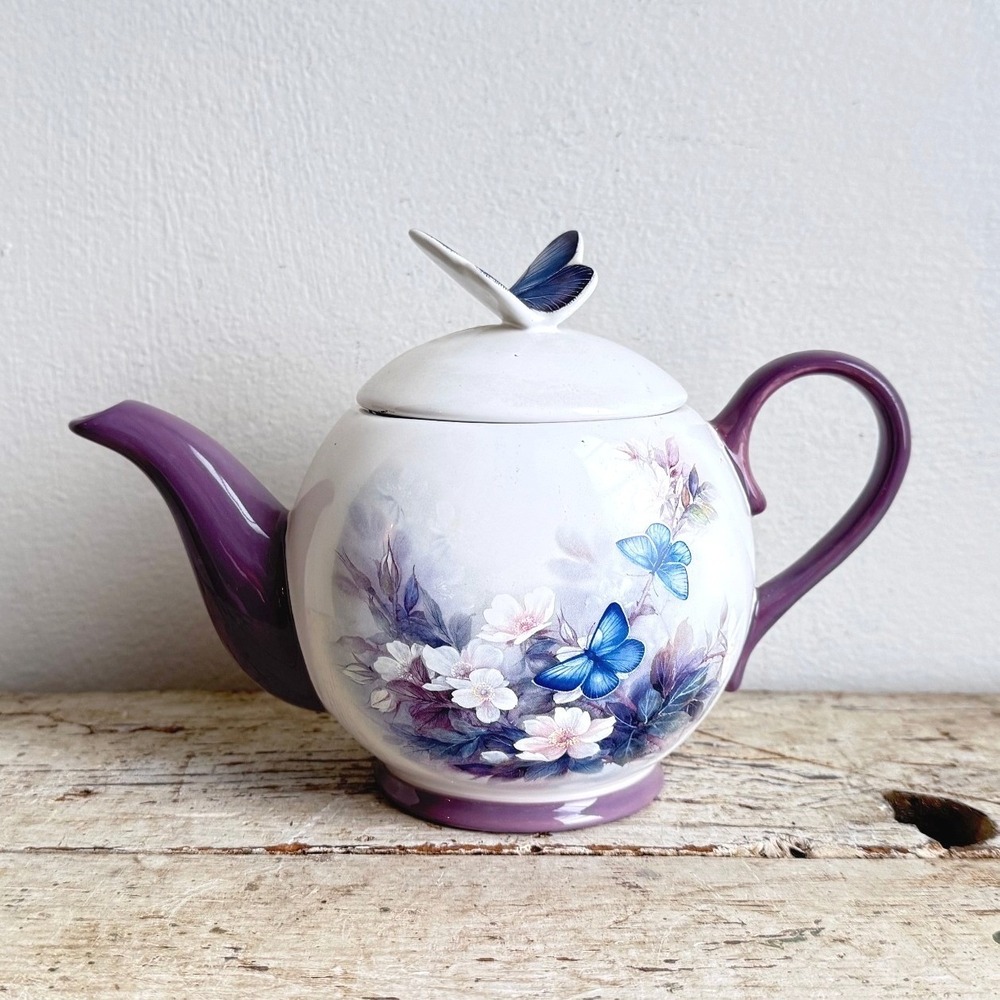 Vintage Lena Liu Teleflora Blossoms & Butterflies Purple Floral Teapot CSGC
